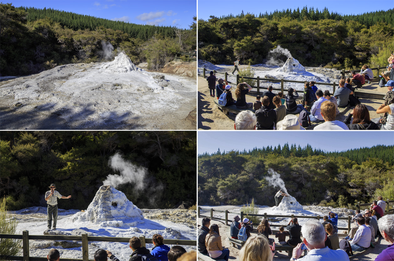 Роторуа (Rotorua).<br>Геотермальный парк Wai-O-Tapu Thermal Wonderland.<br>Извержение гейзера Леди Нокс (Lady Knox Geyser) под руководством ведущего, который сначала читает короткую лекцию, а потом что-то насыпает в него.