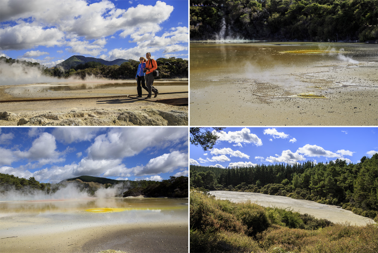 Роторуа (Rotorua).<br>Геотермальный парк Wai-O-Tapu Thermal Wonderland.<br>Пересекаем террасу по дощатому настилу, рассматривая вблизи Палитру художника (Artist's Palette) и идём дальше вдоль Примульной террасы (The Primrose Terrace).