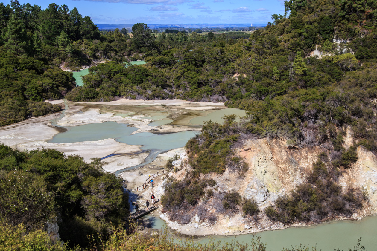 Роторуа (Rotorua).<br>Геотермальный парк Wai-O-Tapu Thermal Wonderland.<br>Вид с обзорной точки на лес Каингароа (Kaingaroa forest) и озеро Нгакоро (Lake Ngakoro), На горизонте белеет градирня геотермальной электростанции Охааки (Ohaaki).