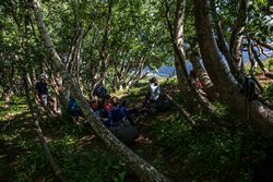 Спуск с перевала Грозовой в село Архыз. Жарко, запас воды на исходе, ручьёв нет. Спрятались от солнца под первыми деревьями.