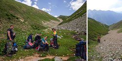 Подъём по осыпи на седловину перевала Чигордали Южный.
