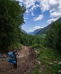 Нижний участок новой лесовозной дороги на спуске в долину реки Аксаут.