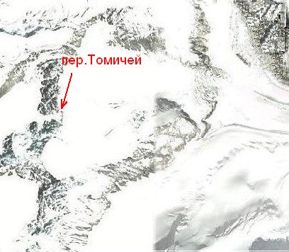 Спутниковый снимок верховий ледника Экичат Правый.