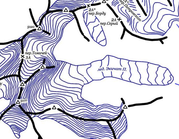 Изображение лед. Экичат Пр. на оригинале карты. Перевал Томичей изображен в стороне от основной оси ледника.